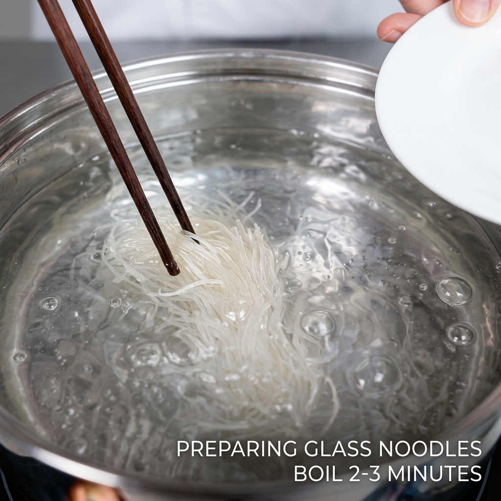 沸騰したお湯に木箸で中華細麺を丁寧に入れている様子。