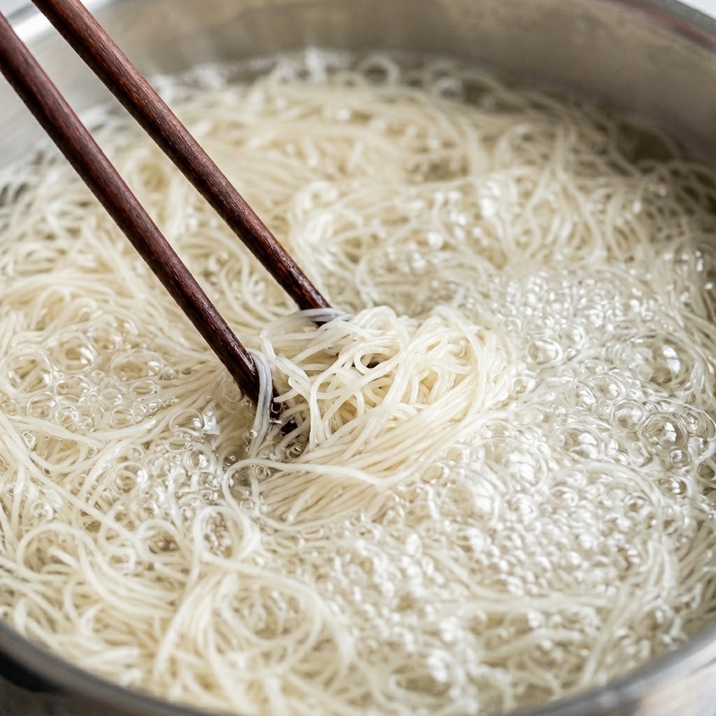 鍋の中で茹でられ、徐々に柔らかくなっていく中華麺。