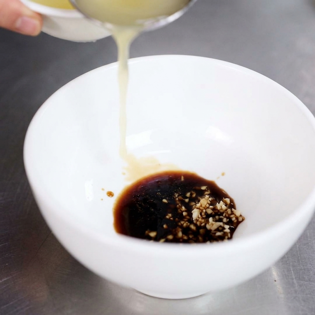 醤油とにんにくの入ったボウルに、お玉で熱いラードを注いでいる様子。