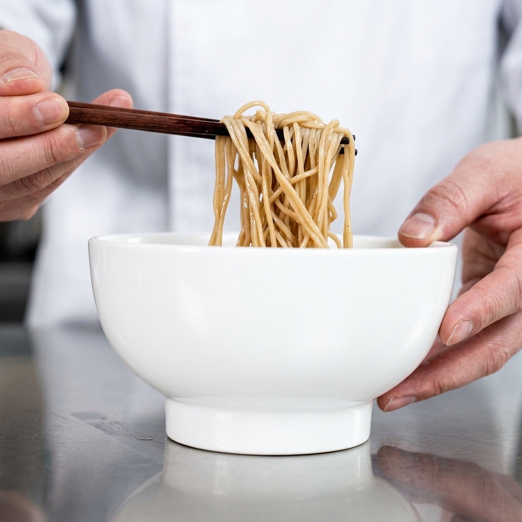 ボウルの中で、麺に濃い色のタレがしっかりと絡むまで箸で混ぜ合わせている様子。