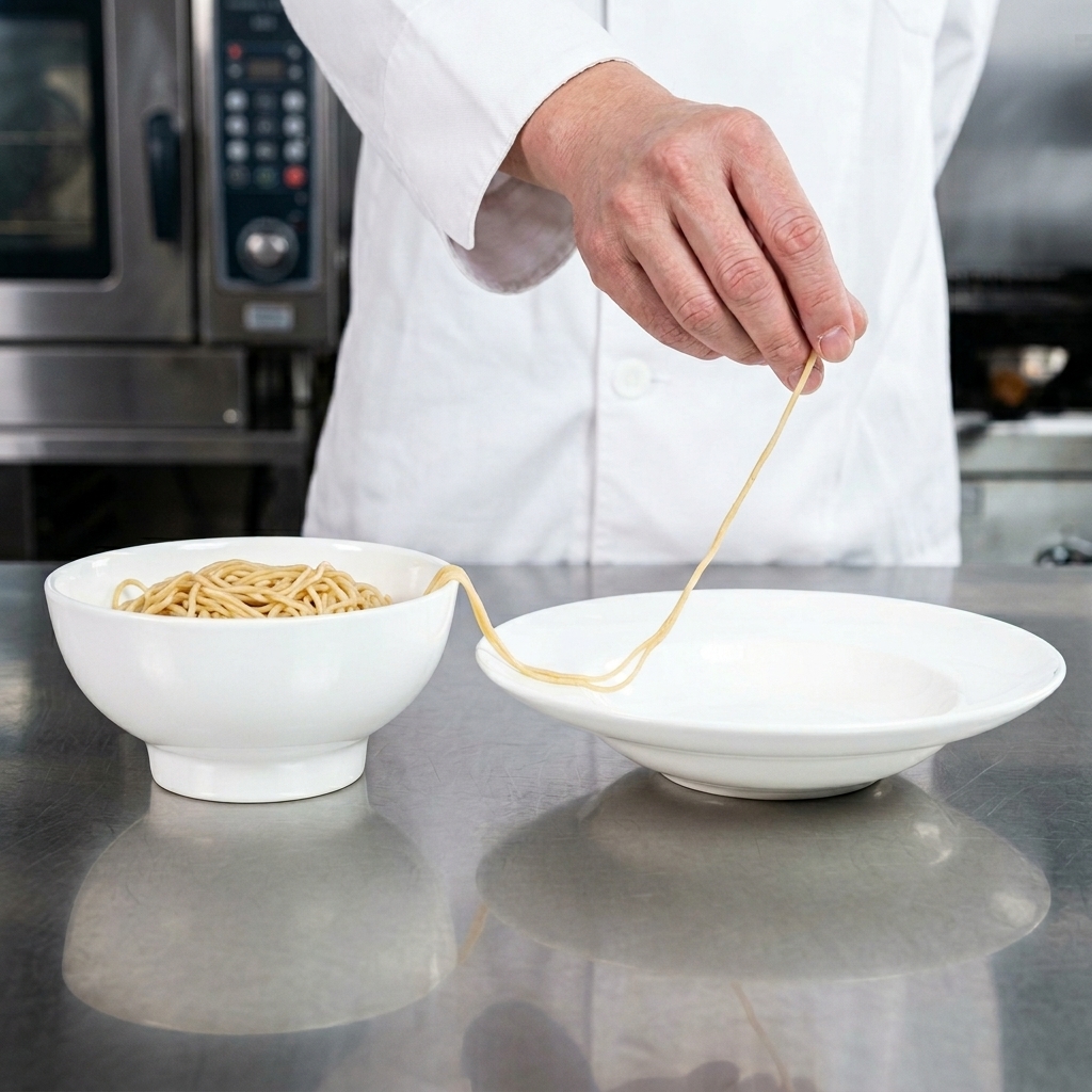 タレの絡んだ麺を白いお皿の中央にこんもりと美しく盛り付けている様子。