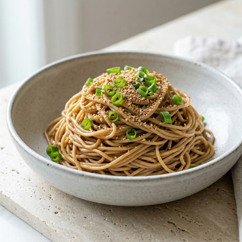 盛り付けられた麺の上に、たっぷりの小口切りにした小ねぎを散らしている様子。