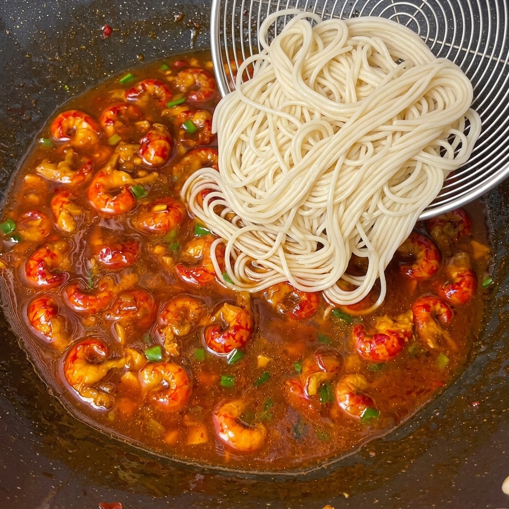茹でた麺をソースの入った鍋に投入し、全体を和えている様子。
