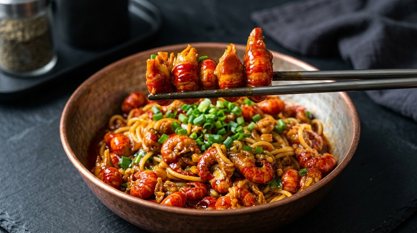 ザリガニのピリ辛和え麺