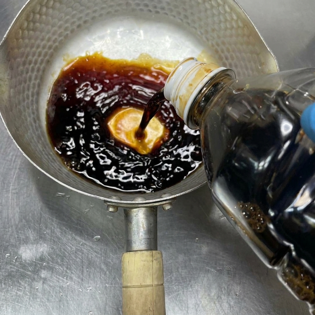 小さな鍋で濃口醤油、料理酒、みりんを合わせている様子。