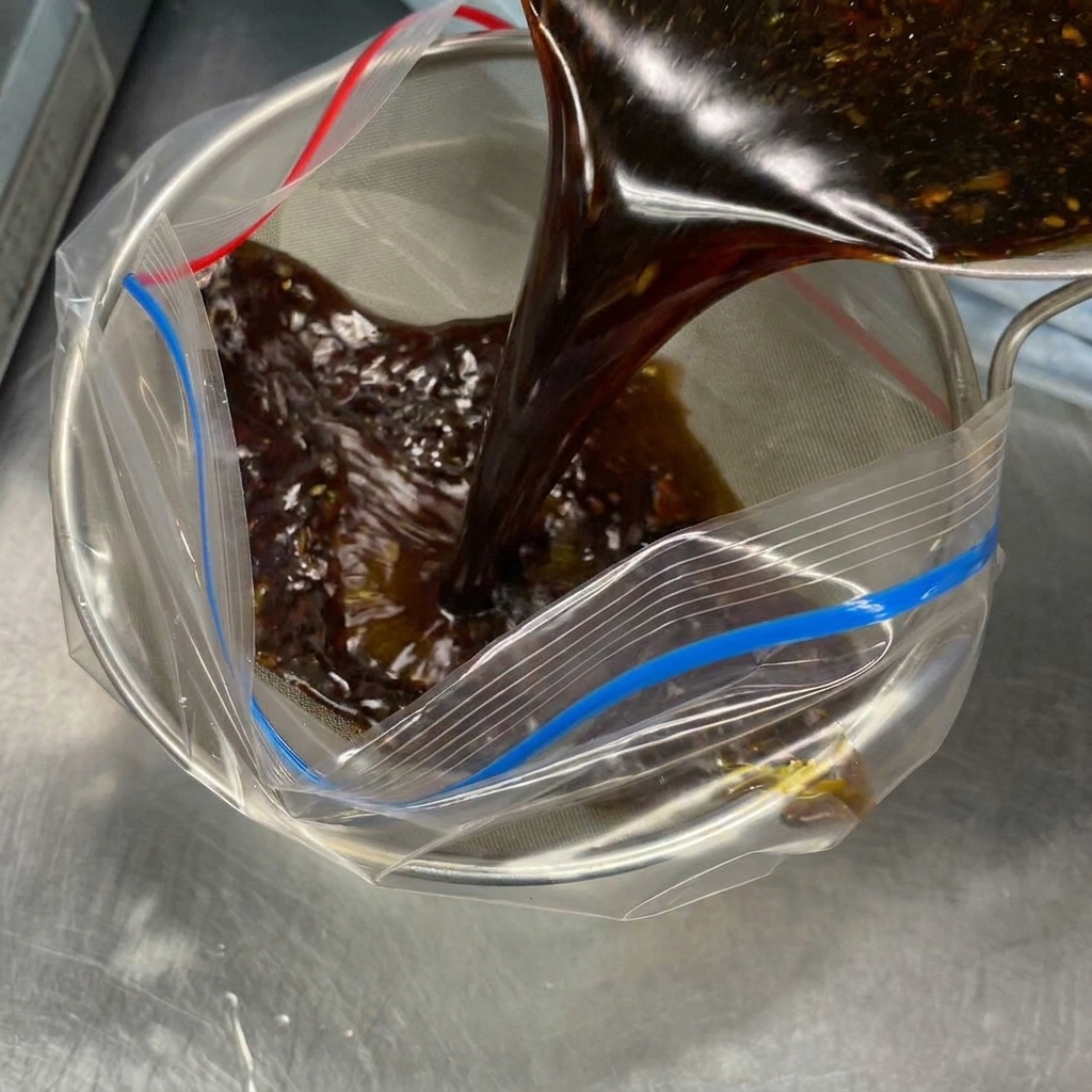 細かい網を使って醤油と魚介の混合液を漉し、保存袋へ移す様子。