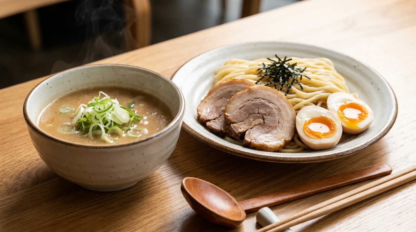 濃厚でクリーミーな魚介豚骨スープに、冷やした麺、半熟卵、柔らかな自家製チャーシューを添えたつけ麺。