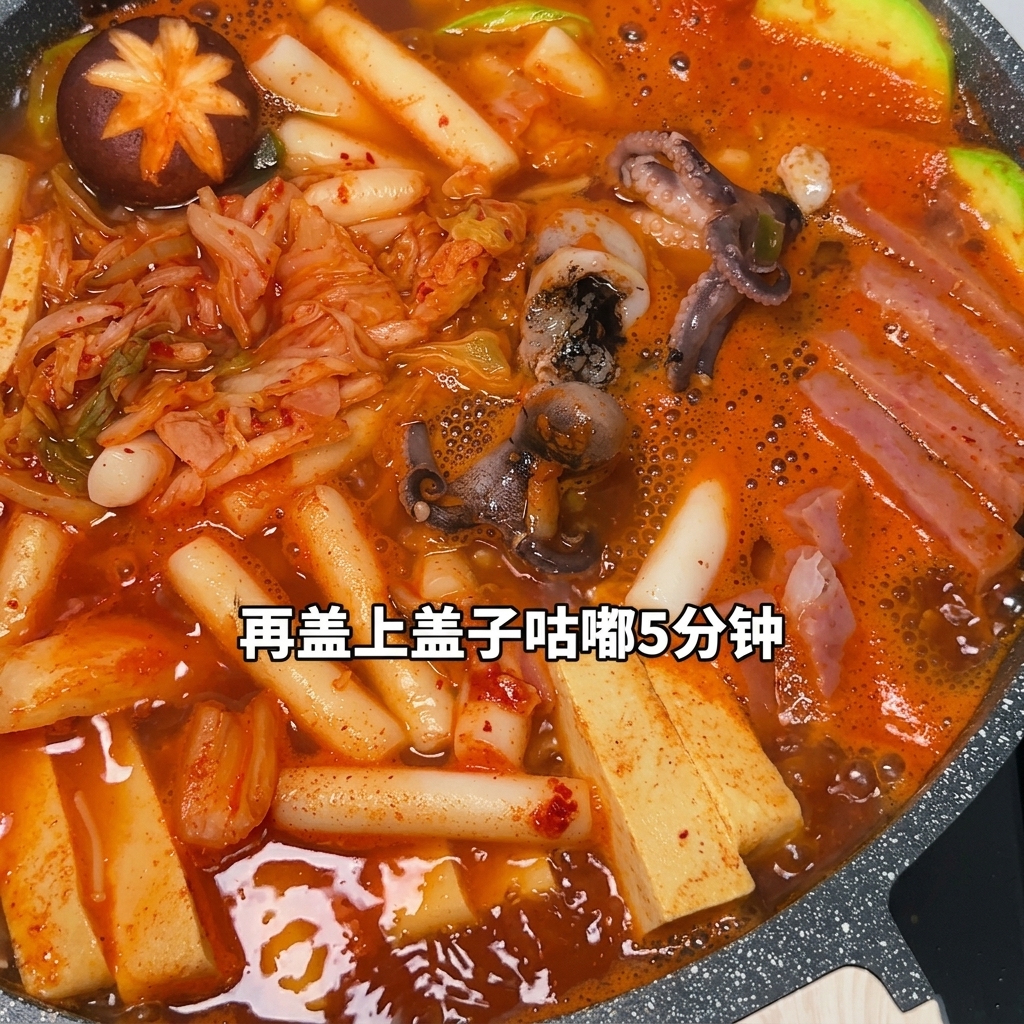 煮立ってきた鍋の中にインスタント麺を入れ、その上にチーズをトッピングしている様子。