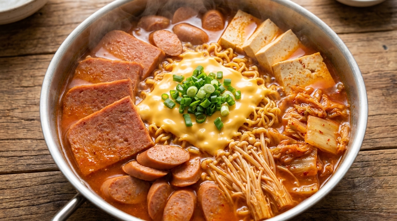 ピリ辛のスープ、旨味たっぷりの肉類、そしてとろけるチーズが絶妙に絡み合う、熱々のプデチゲ。