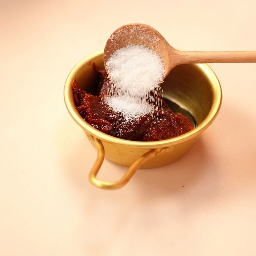 調味料に砂糖を加えている様子