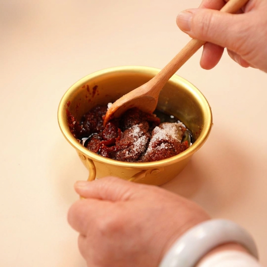 スプーンで赤黒いタレをよく混ぜている様子