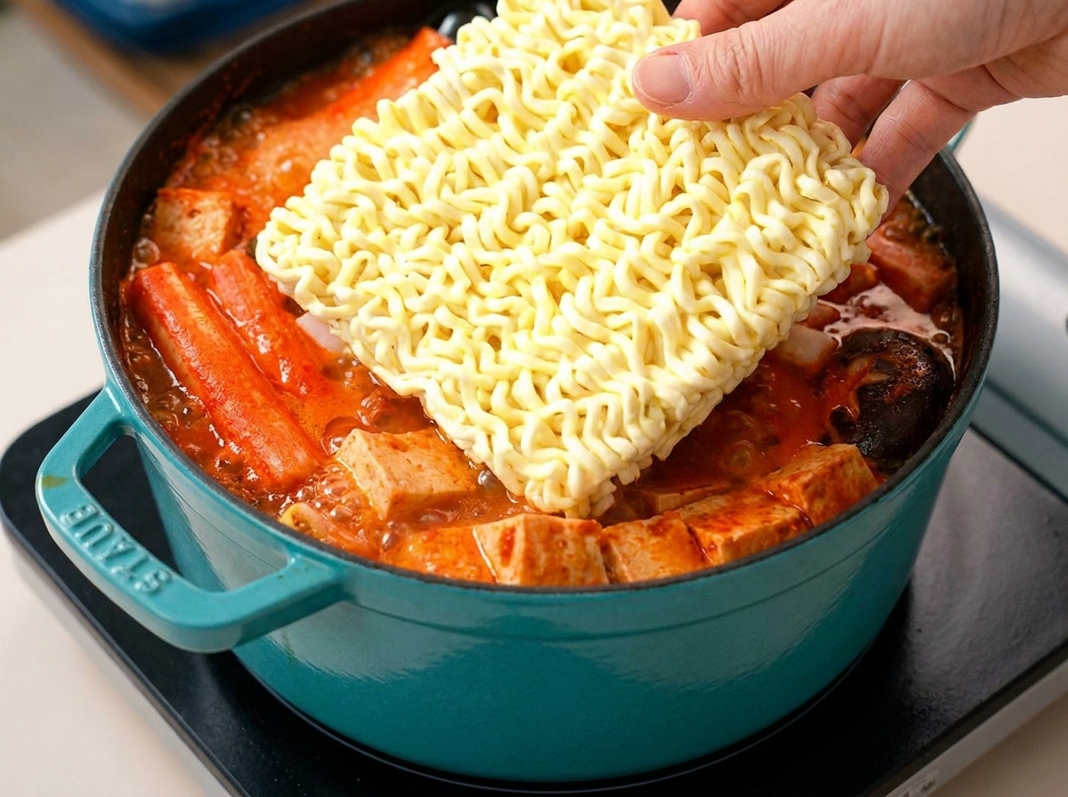 沸騰したスープに乾麺を投入している様子