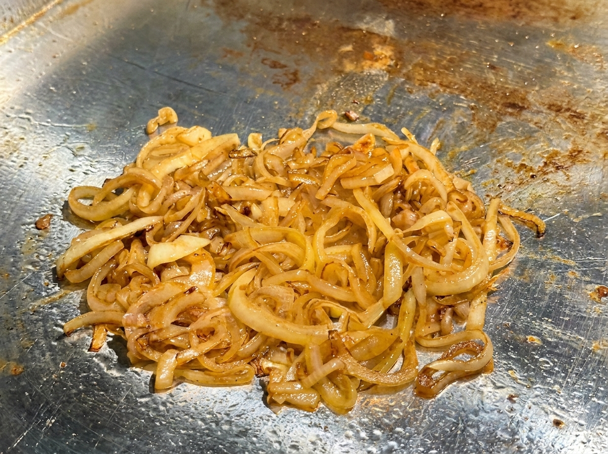 鉄板の玉ねぎにりんご酢を回しかけている様子