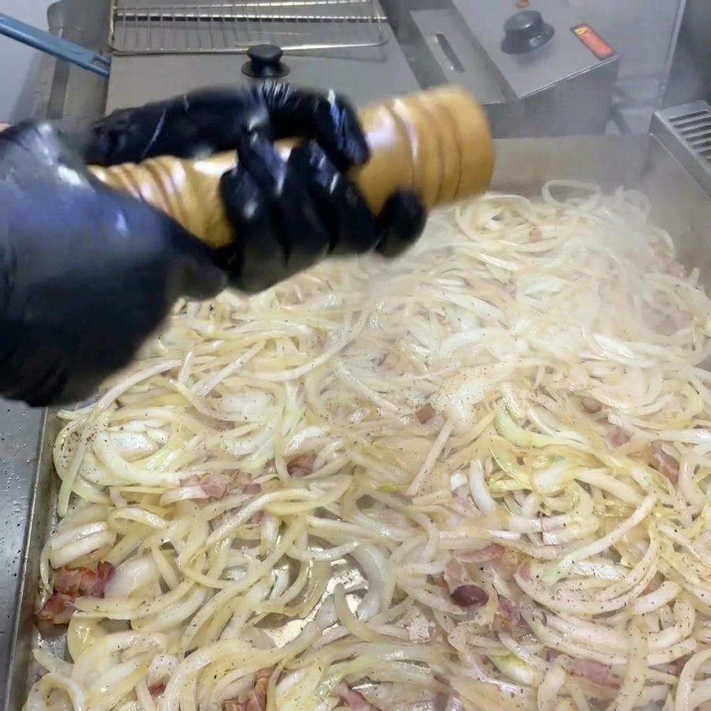 キャラメリゼ中の玉ねぎとベーコンに、黒こしょうが挽きかけられている様子。