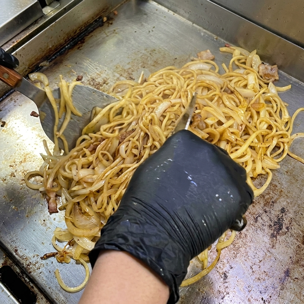 鉄板の上で濃い茶色に仕上がった、ベーコンと玉ねぎのミックス。