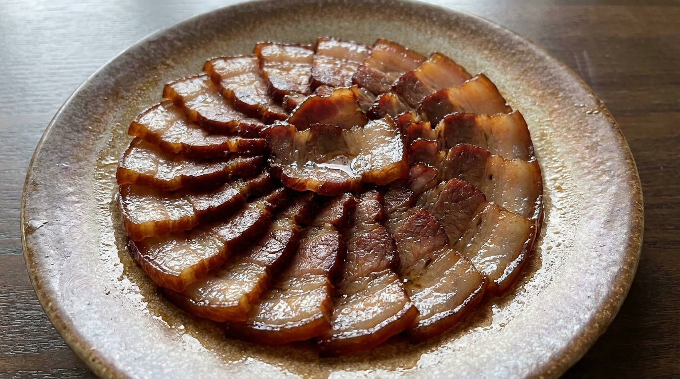 素朴な茶色の陶器の皿に盛られた、艶やかな醤油豚バラ肉の薄切り。