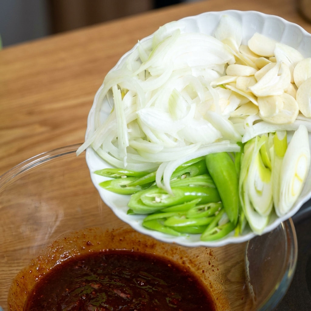 スライスしたにんにく、青唐辛子、玉ねぎ、長ねぎをタレのボウルに入れている様子。