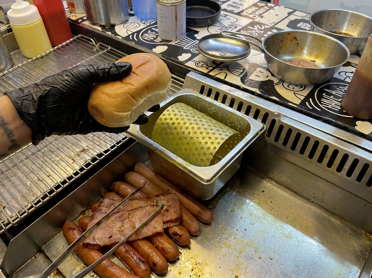 熱い鉄板でバターを塗ったバンズの切り口を焼いている様子。