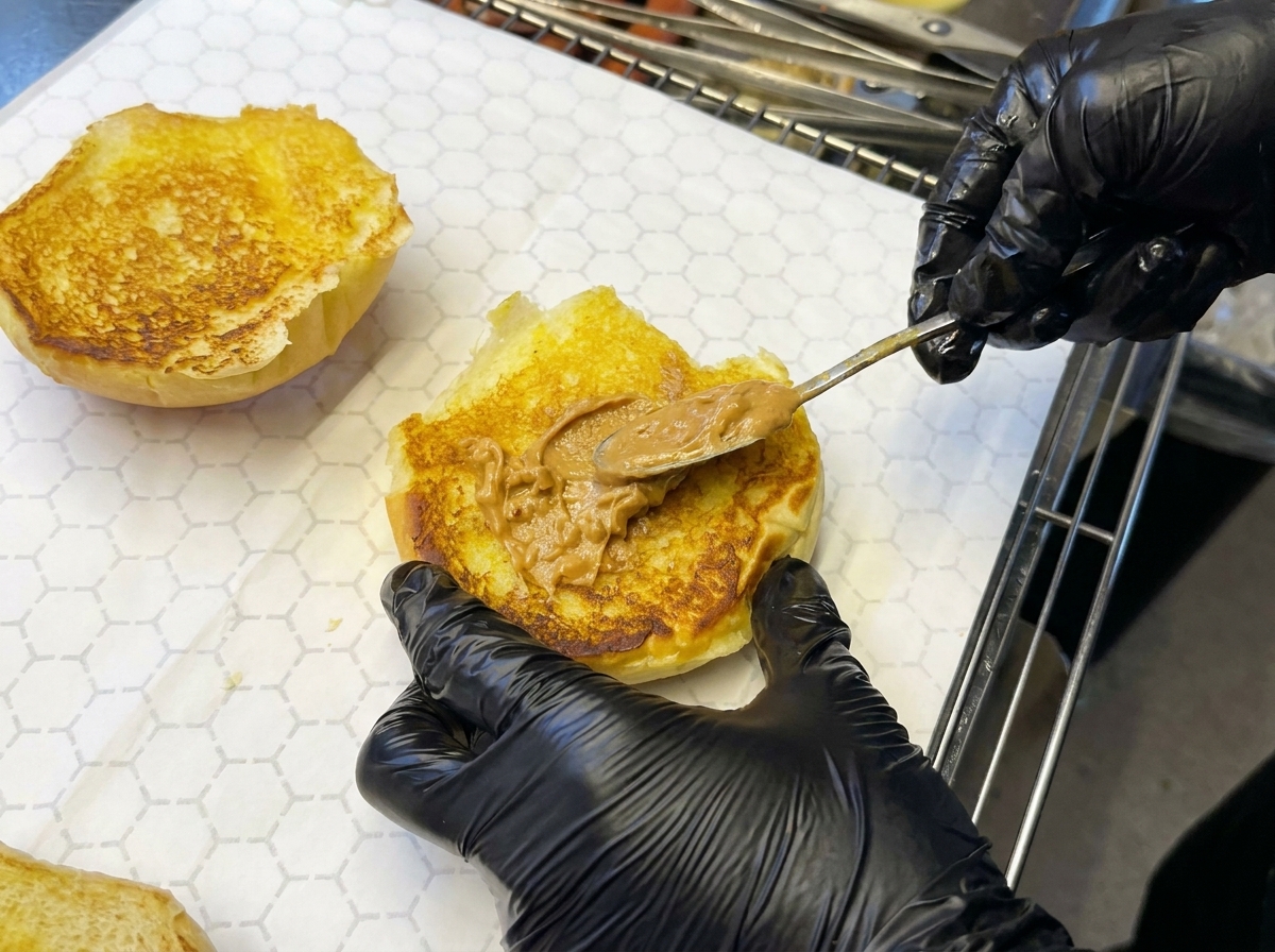 焼いたバンズにクリーミーなピーナッツバターを塗り、その上にソースをかけている様子。