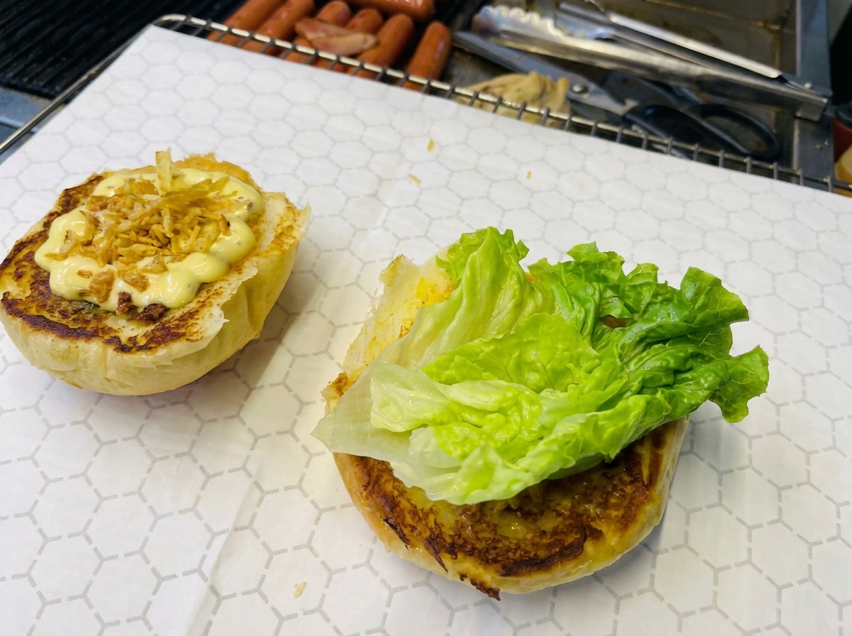 焼いたバンズにポテトスティック、レタス、ベーコンを乗せ、ハニーマスタードをかけている様子。
