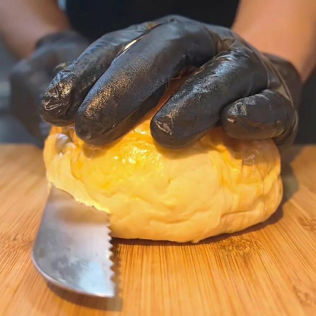 熱い鉄板の上で、カットした断面を下にして押し付けられ、トーストされているハンバーガーバンズ。
