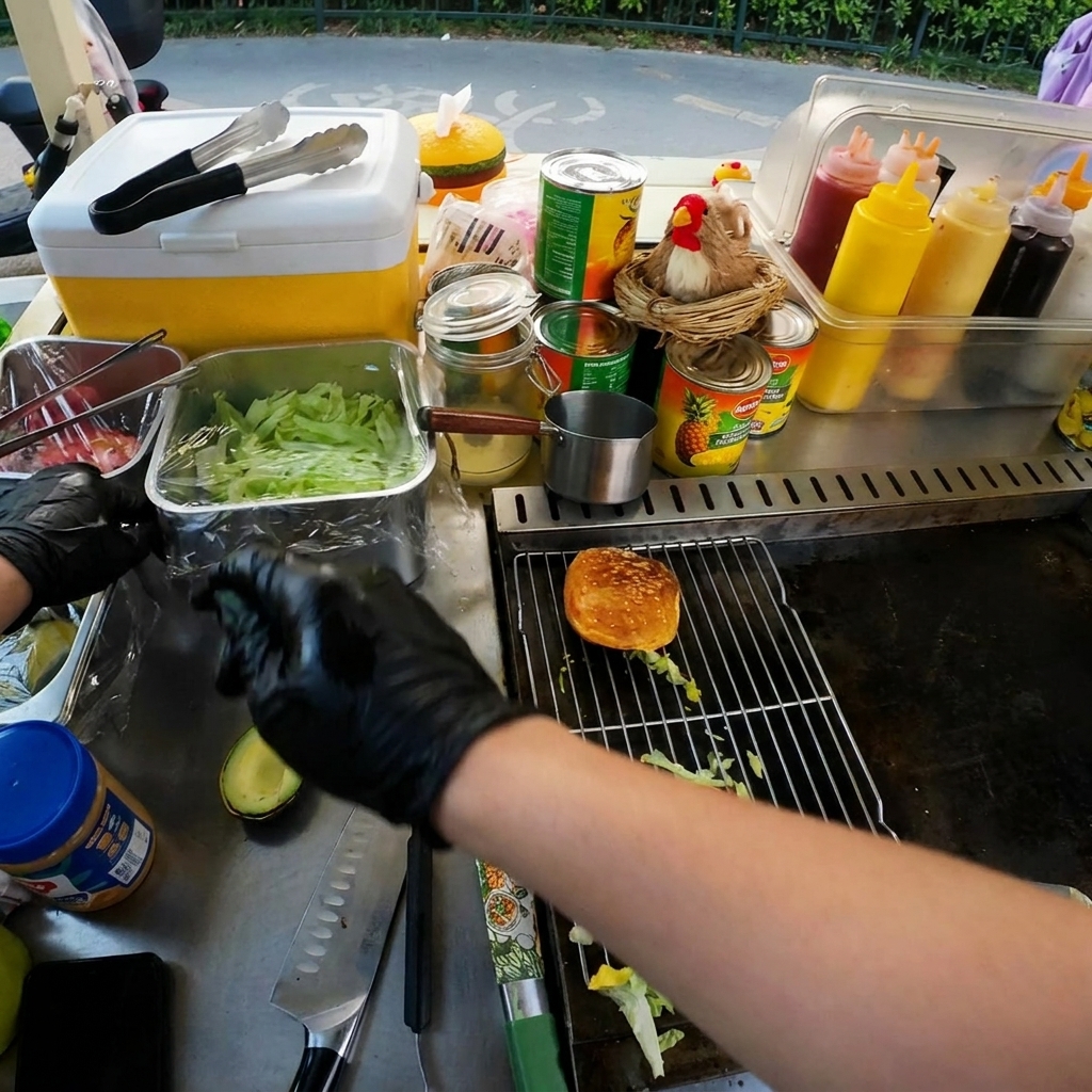 トーストされたバンズの上に載った焼きたてのビーフパティ。