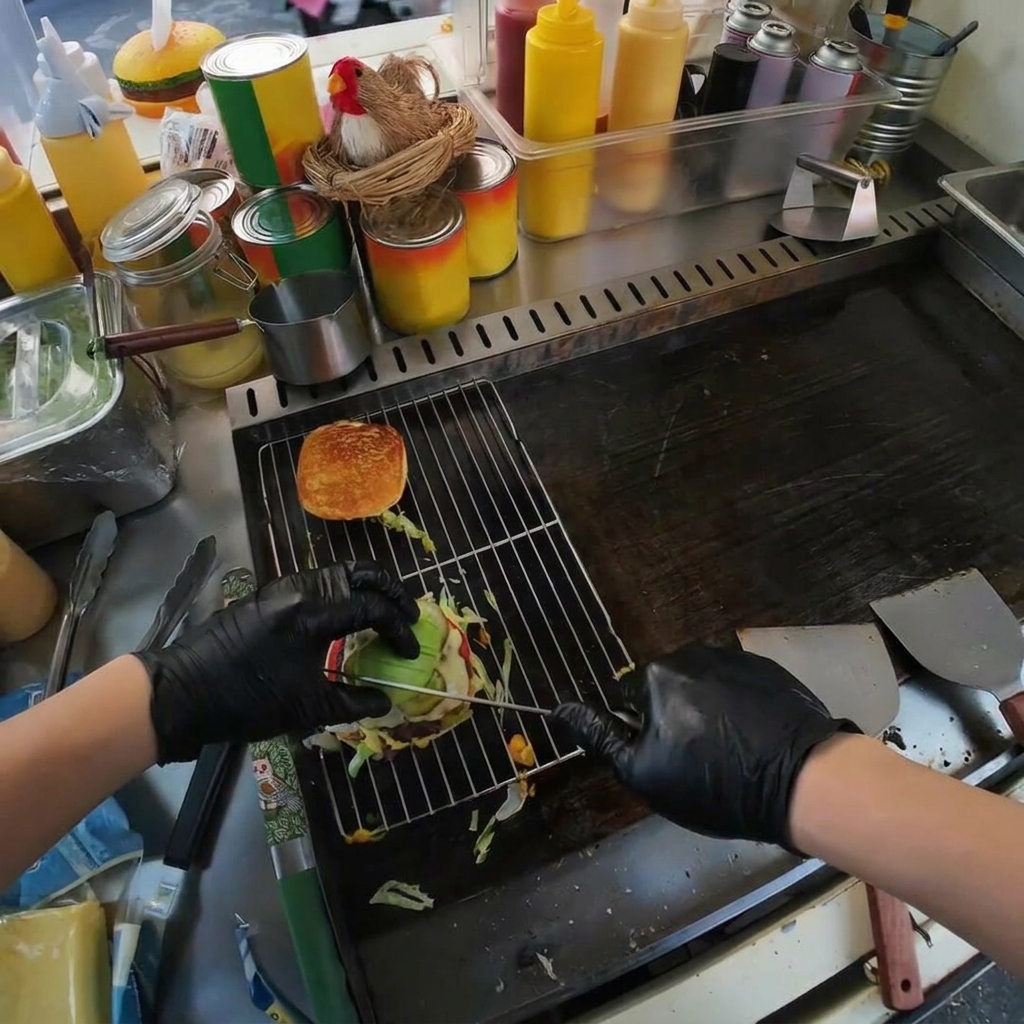 焼いたパティの上に丁寧に並べられた緑のアボカドスライス。