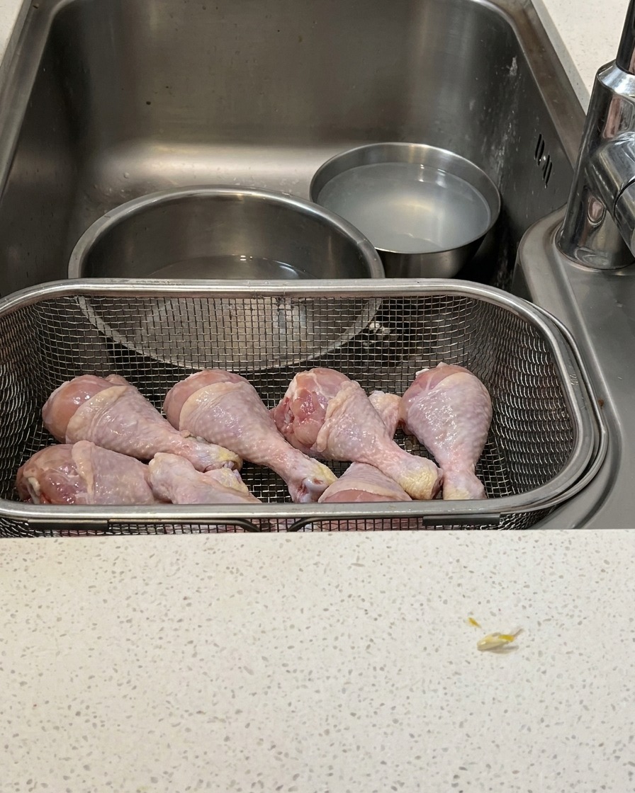 キッチンバサミを使って鶏もも肉の骨を丁寧に取り除いている様子。