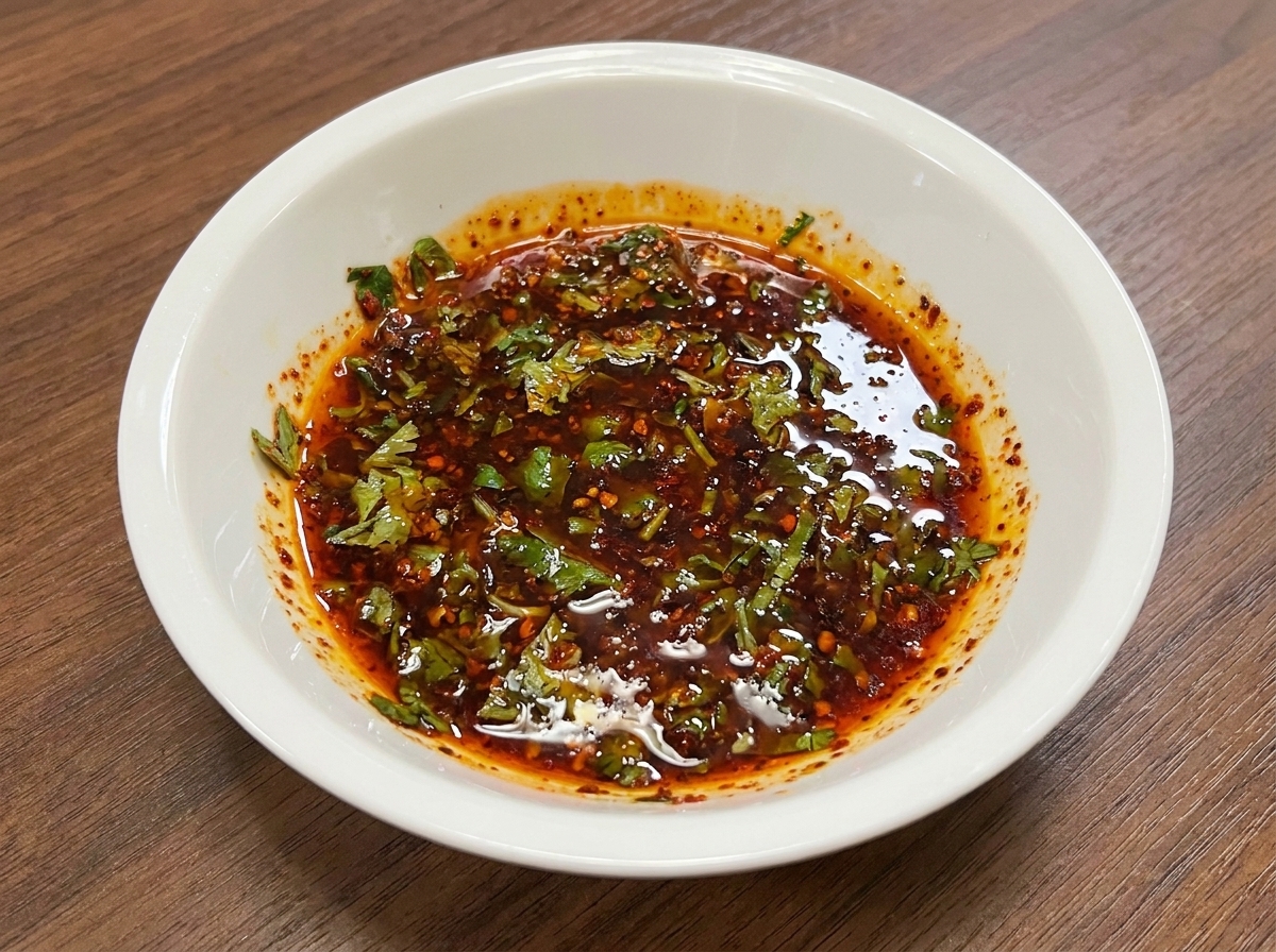 小さな白いボウルに入った、オイルやハーブ、スパイスが混ざったソース。