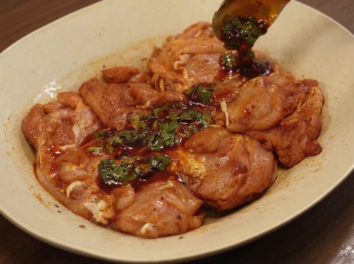 スプーンで鶏モモ肉にソースを塗り広げている様子。