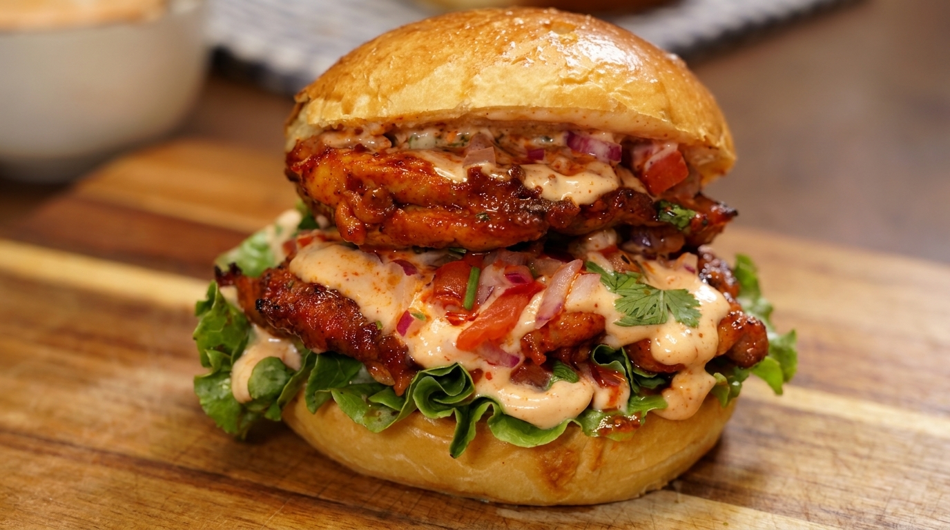 フレッシュなサルサと特製クリーミーソースをたっぷり添えた、メキシカンスパイシーグリルチキンバーガー。