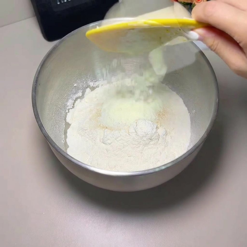 ステンレスボウルに小麦粉などの乾燥材料を入れる様子。
