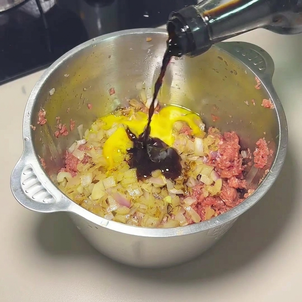 ひき肉と炒めた玉ねぎ、調味料を混ぜ合わせる様子。