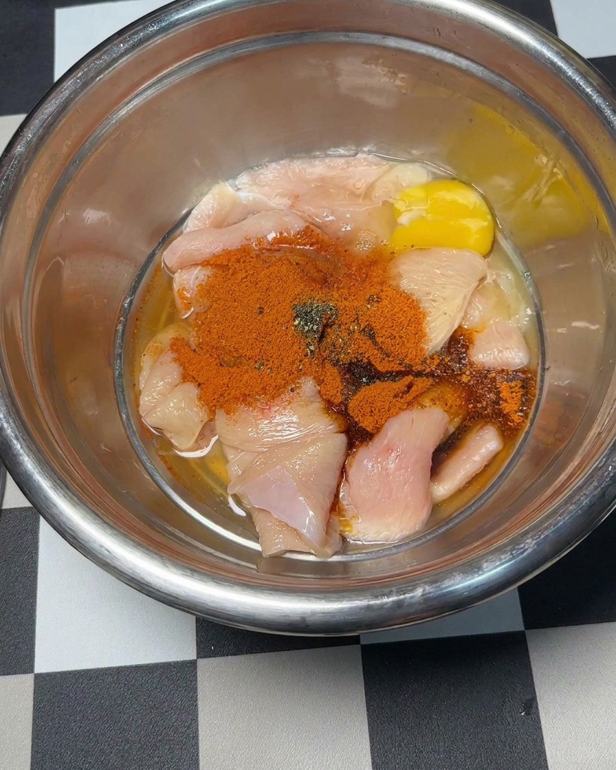 味付けした鶏肉に生卵を割り入れている様子。