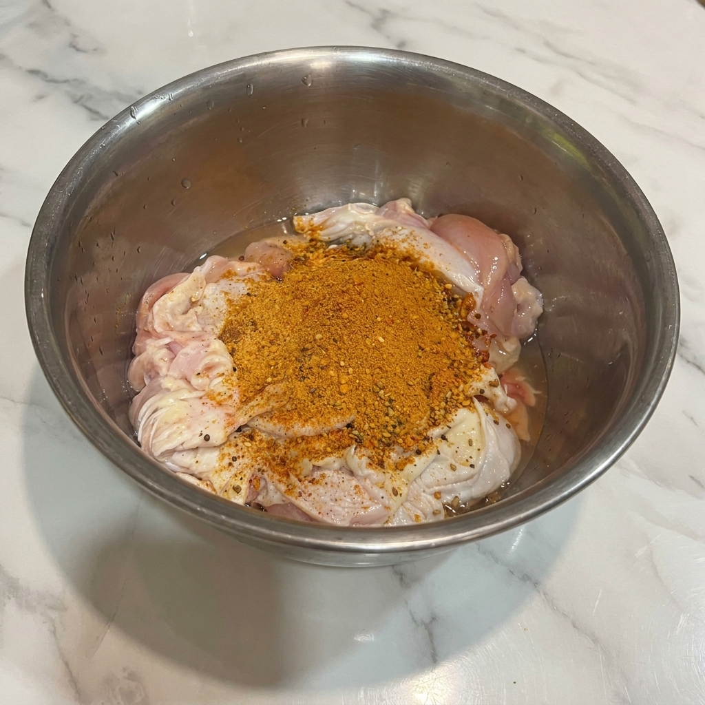キッチンペーパーで鶏もも肉の水分を拭き取っている様子。