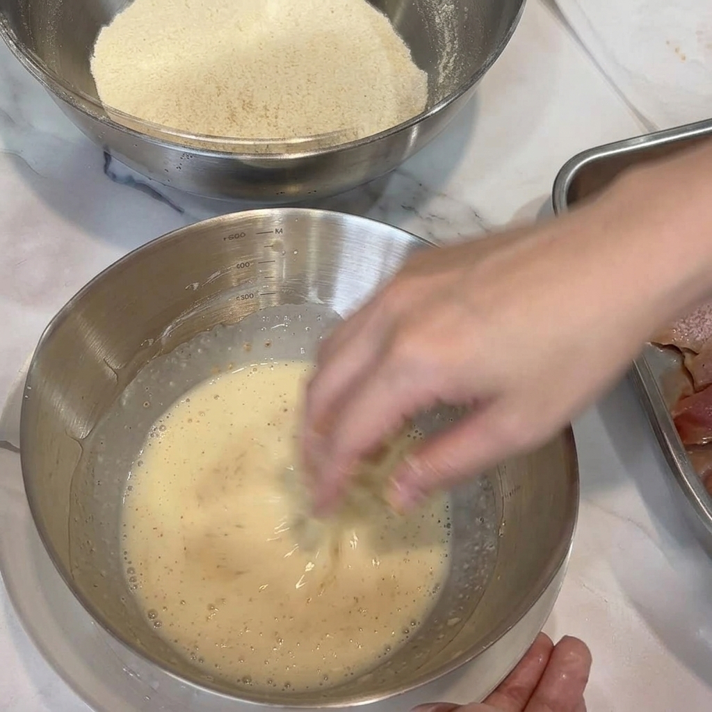 鶏肉をバッター液の中にくぐらせている様子。