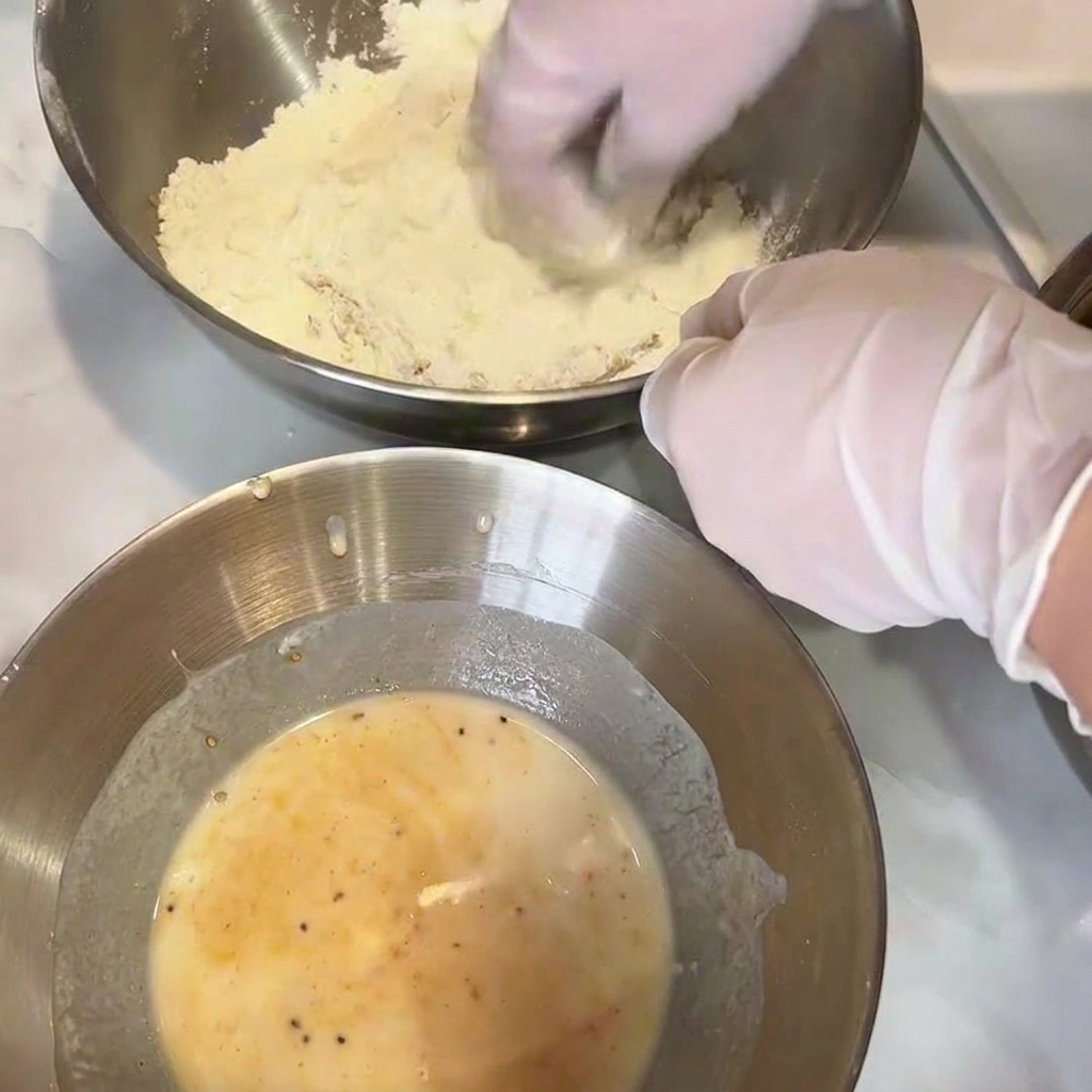手袋をした手で、バッター液を付けた鶏肉に粉をしっかりまぶしている様子。