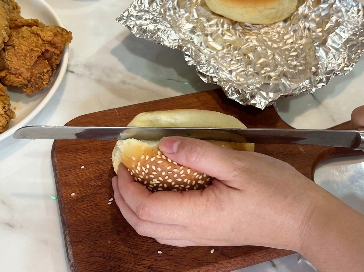 焼き上がったバンズを波刃包丁で水平にスライスしている様子。