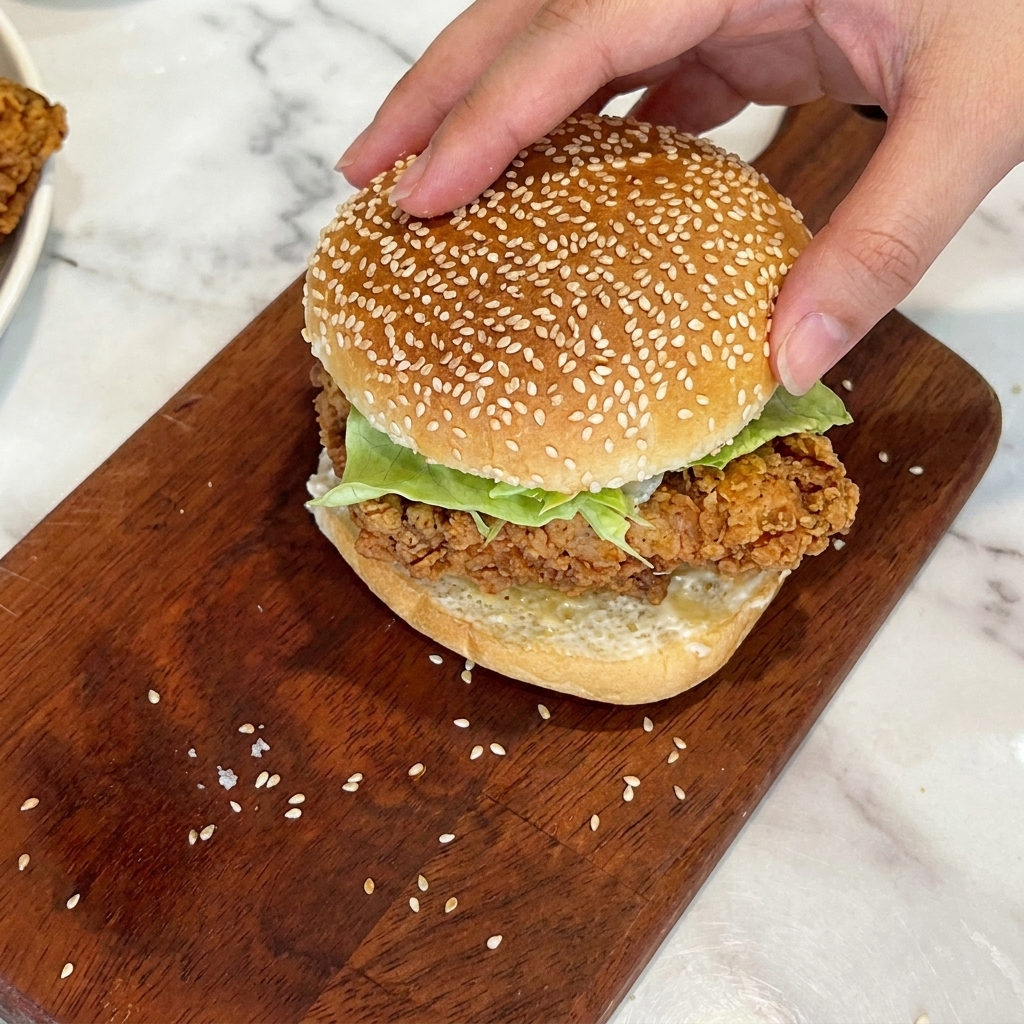 バーガーの上側になるバンズを、レタスを乗せたチキンの上に重ねている様子。