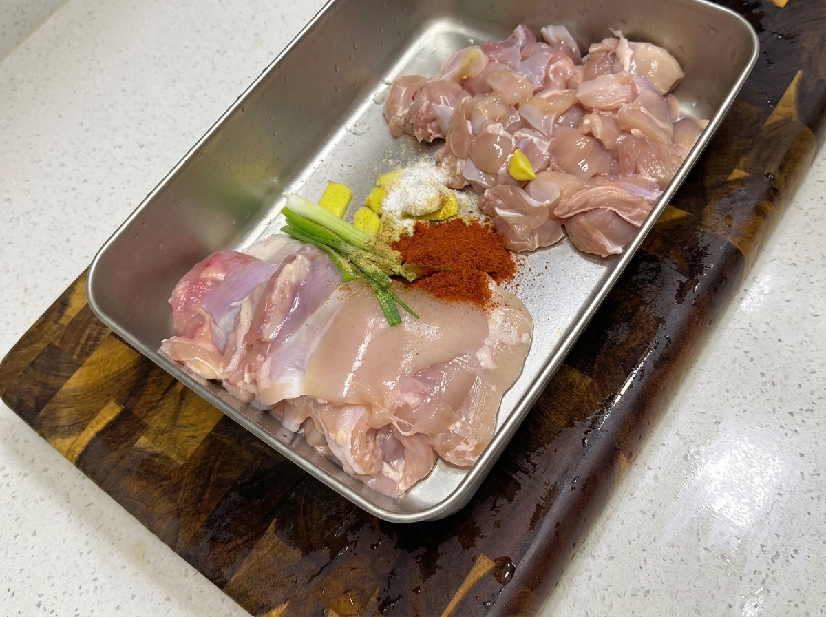 金属製のトレイに、刻んだ薬味と調味料を合わせて準備された鶏肉。