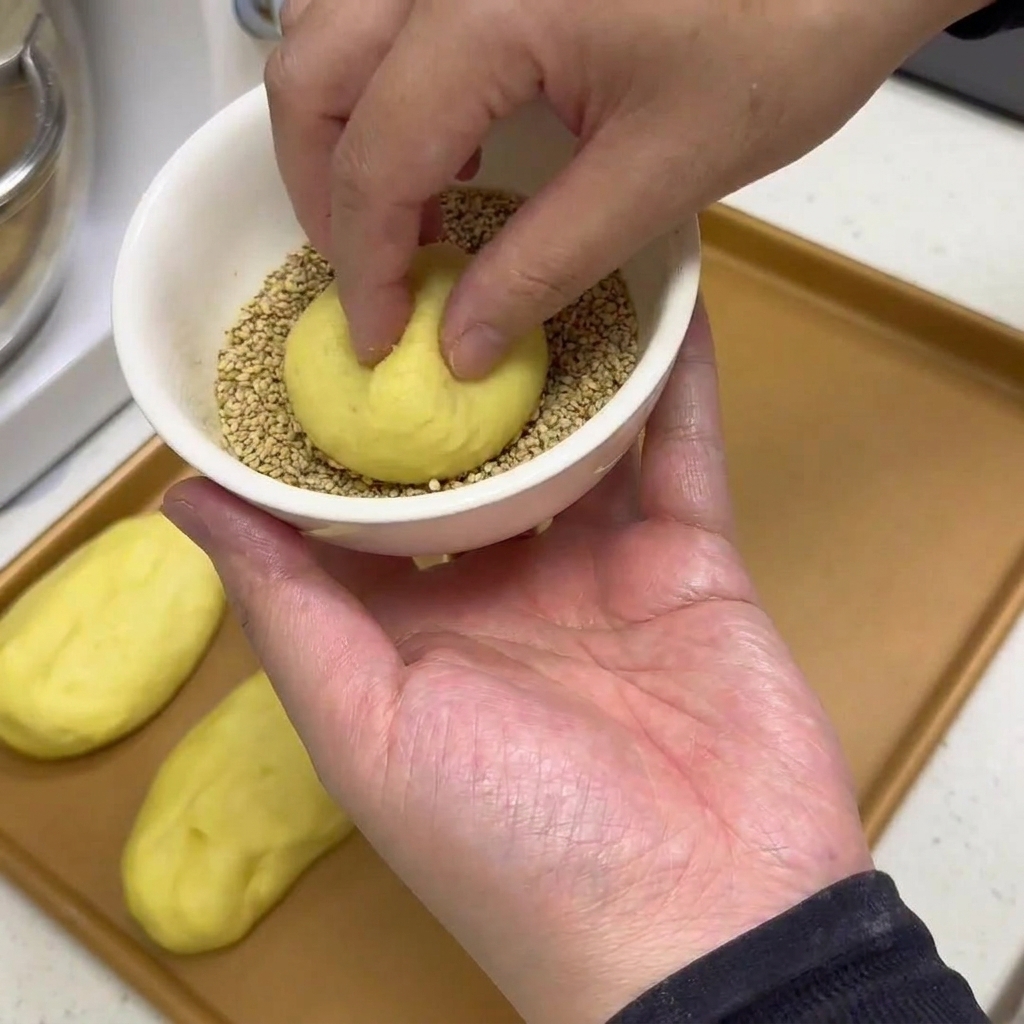 湿らせた生地の上部を、胡麻が入ったボウルに押し当てている様子。