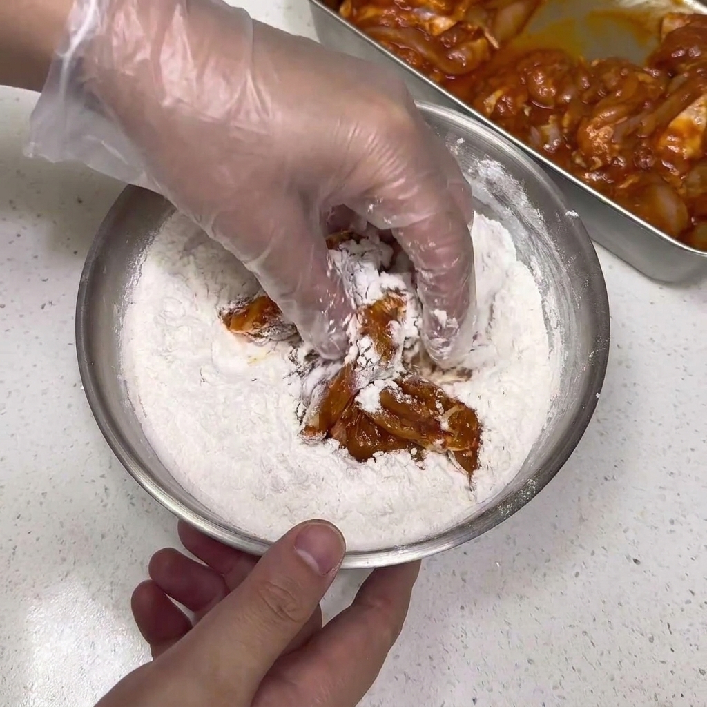 マリネした鶏肉を、ボウルに入った粉の中に落としてまぶしている様子。