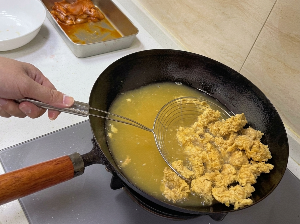 大きな網を使って、揚げ上がったチキンを鍋から取り出している様子。
