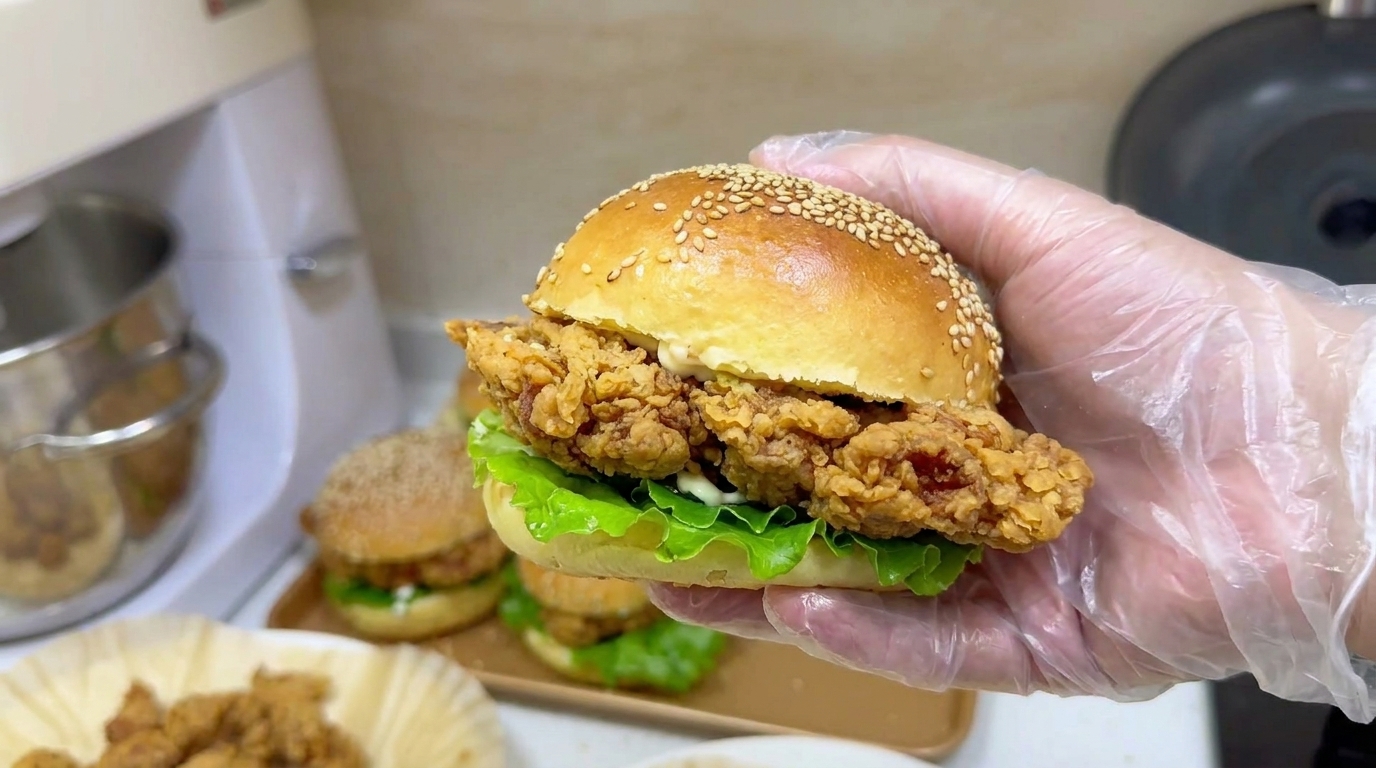 自家製スパイシーフライドチキンバーガーとポップコーンチキン