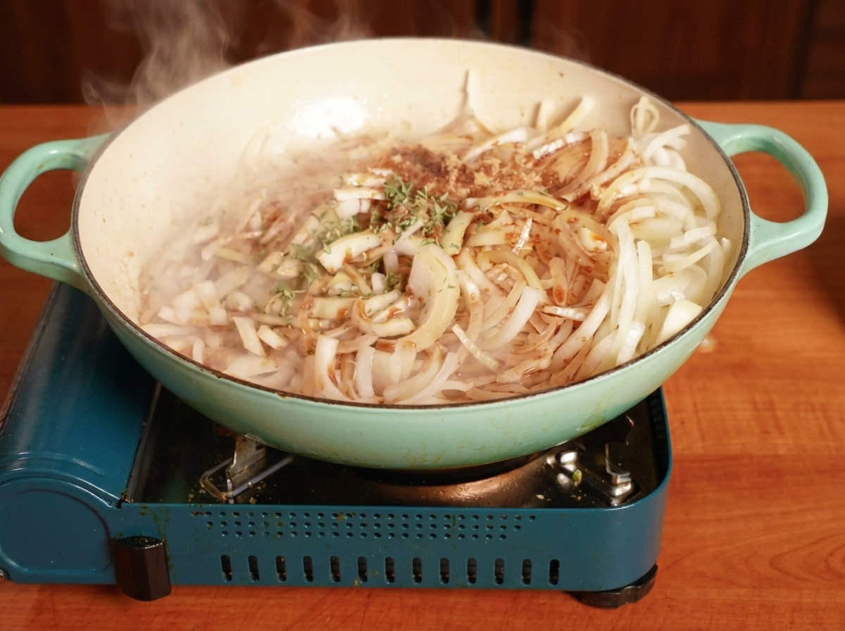 スライスした玉ねぎをフライパンで炒めている様子。