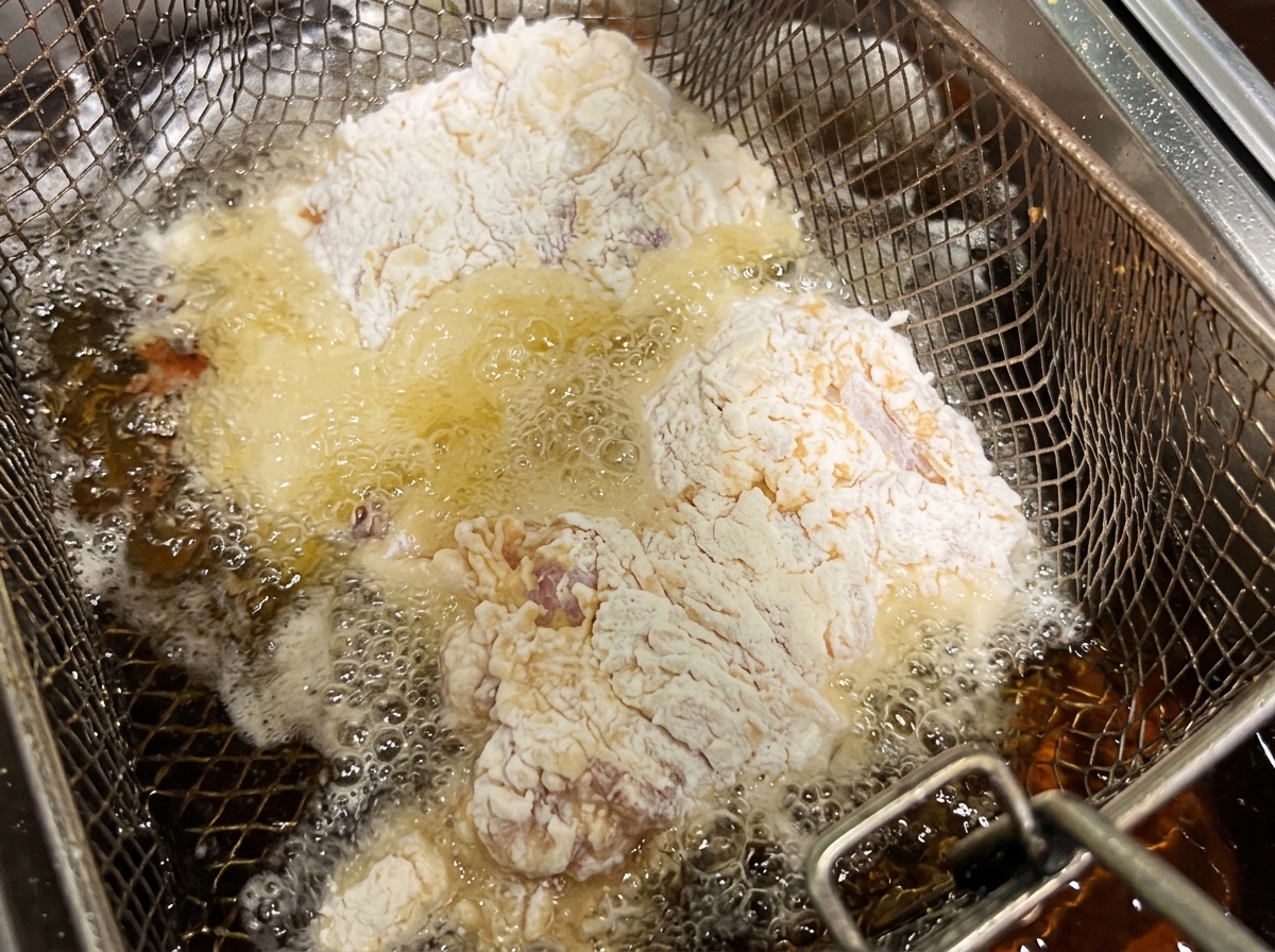 衣をつけたチキンを熱い油の入った揚げ物鍋に入れている様子。