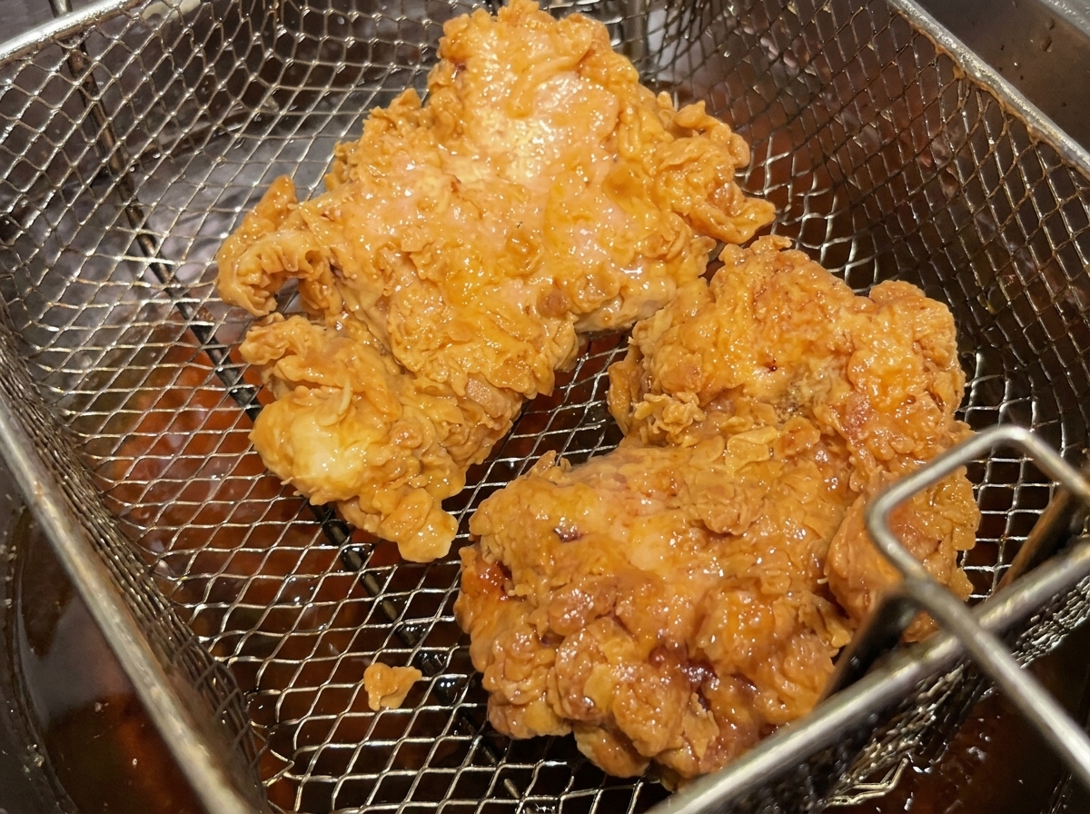 揚げたての黄金色のチキンを、揚げ物バスケットの上で油切りしている様子。