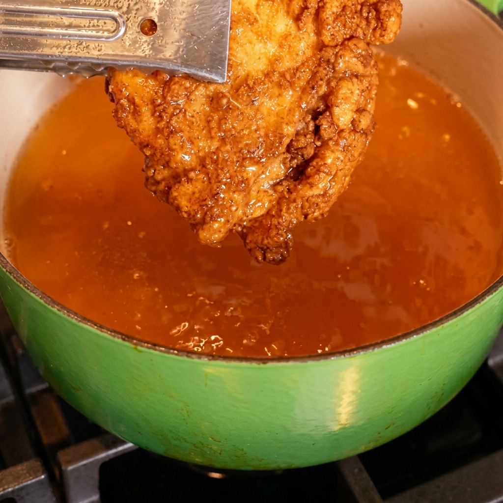 揚げたてのチキンパティをトングで持ち、真っ赤な特製ソースに潜らせている様子。