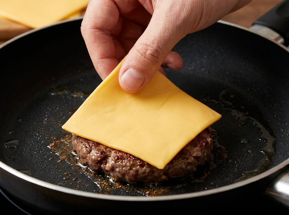 生の丸いビーフパティを熱したフライパンに置いている様子。