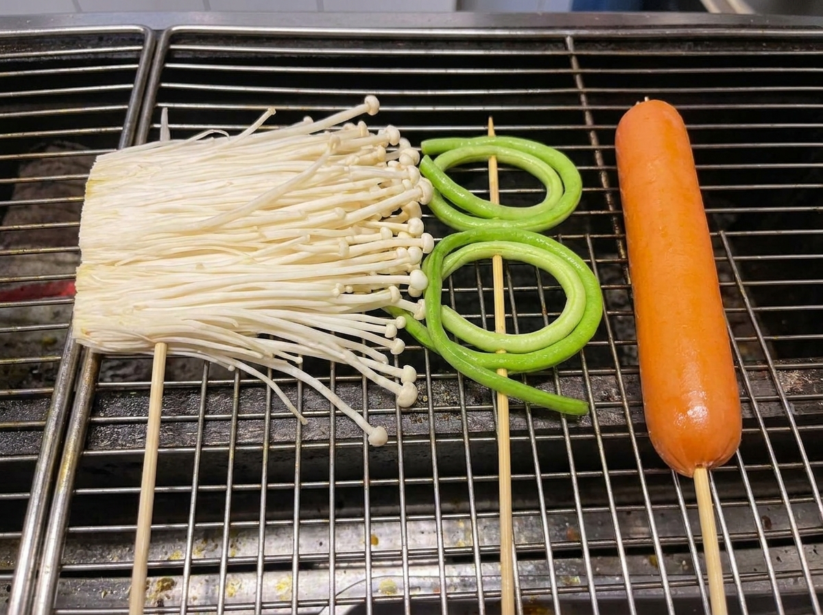 グリル網で焼かれるえのき茸、ニラ、ソーセージ。